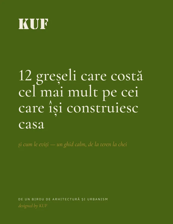 Coperta ghidului „12 greșeli care costă cel mai mult pe cei care își construiesc casa”