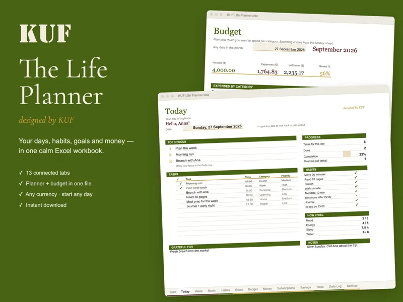 KUF Life Planner Excel template