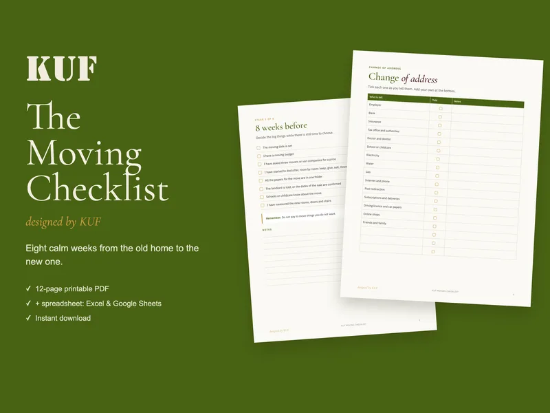 KUF Moving Checklist: PDF de tipărit și tabel